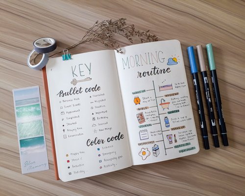 Morning routine setup with a planner and tea